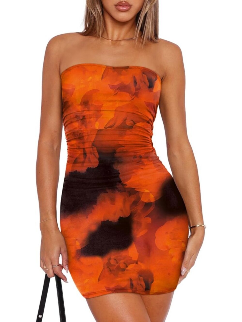 Women's Red Tie Die Polyester Spandex Strapless Mini Summer Bodycon Party Dress
